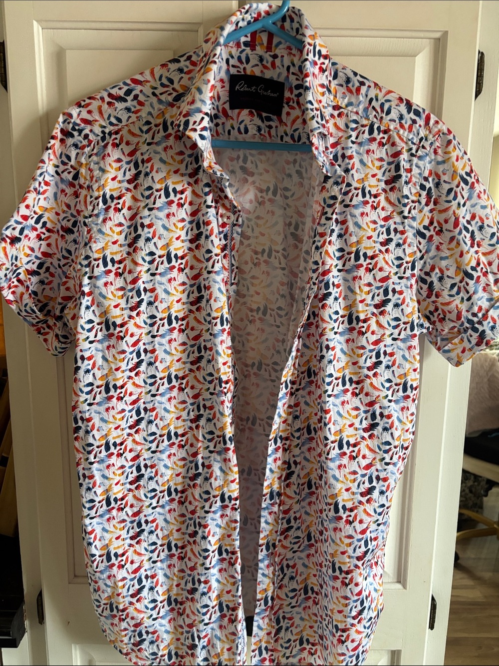Robert Graham White Short Sleeve Button-Down with Red Navy Yellow Leaf Print